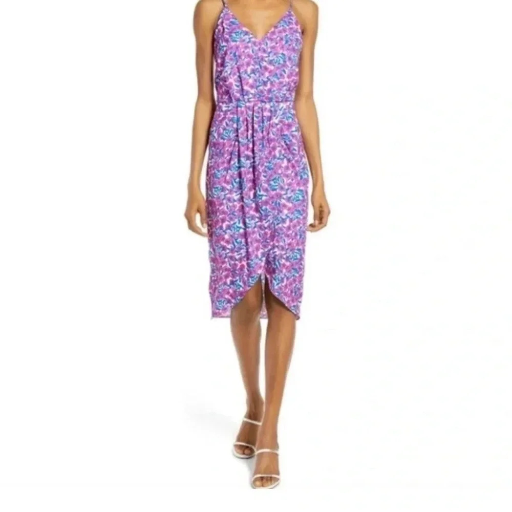 NWT Chelsea28 Fuchsia & Blue Floral Sleeveless Faux Wrap Dress